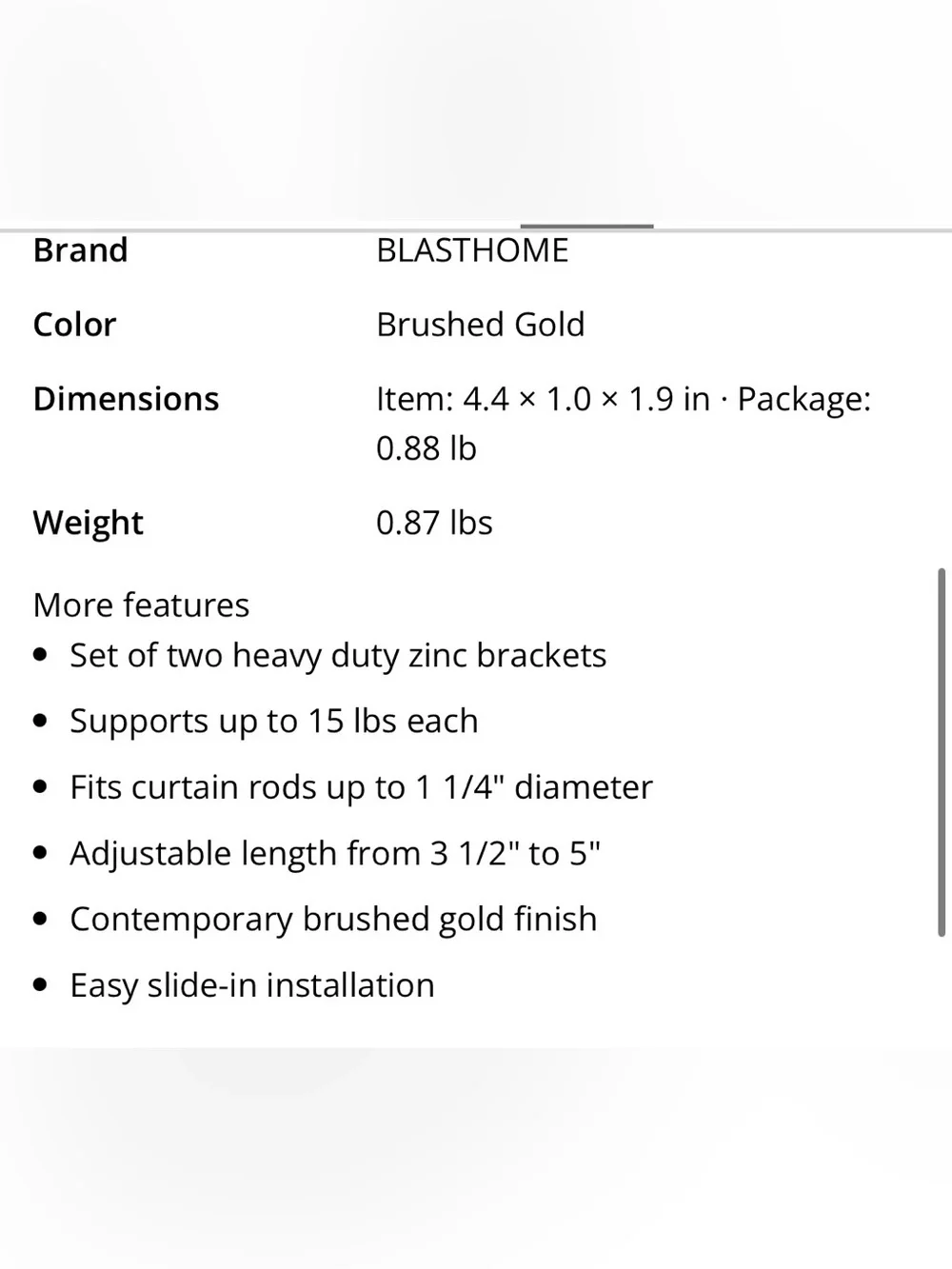Heavy Duty Zinc Brackets for Curtain Rod - BRUSHED GOLD